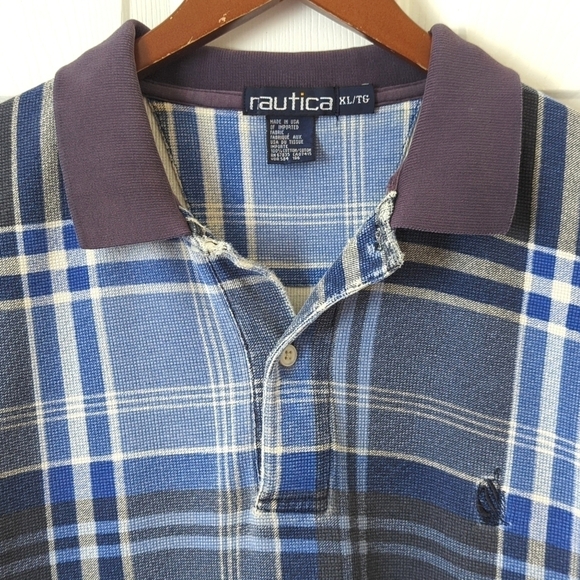 Nautica 90's Vintage Preppy Plaid Short Sleeve Henley Polo Shirt Navy Blue XL - Picture 2 of 10